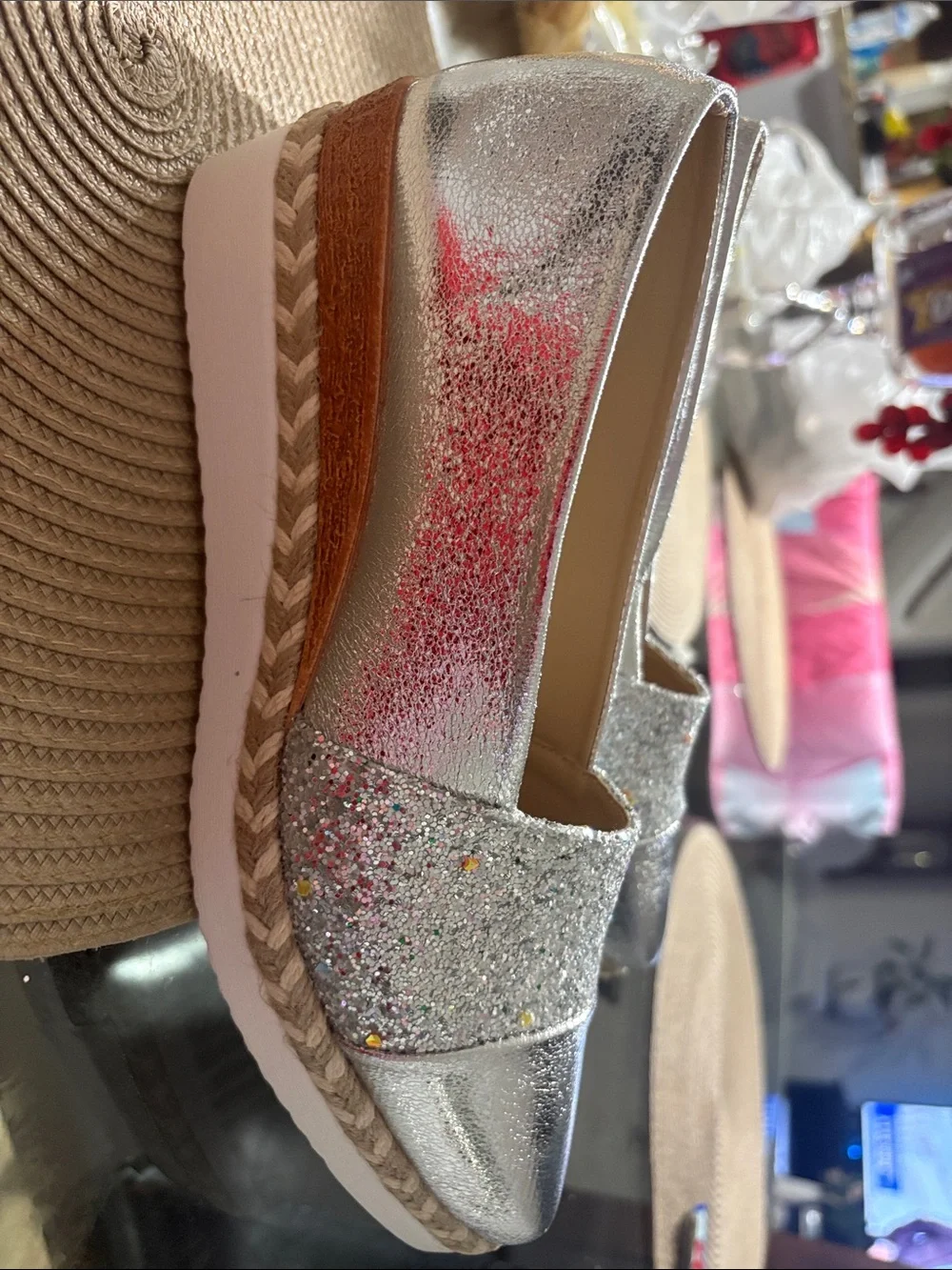 Silver Glitter Espadrille Platform Slip-On